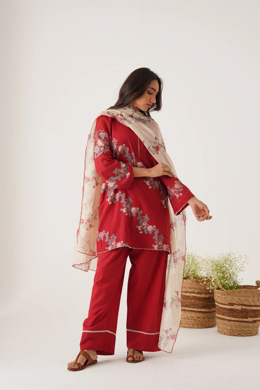 Crimson Bloom Floral Kurta Set