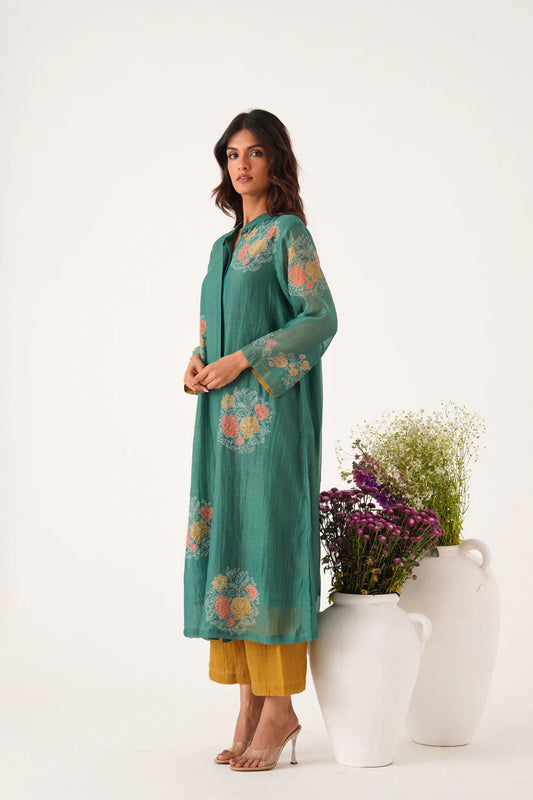 Teal Floral Handloom Style Kurta Set