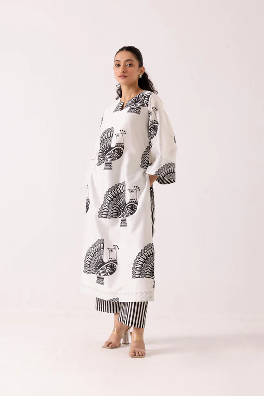 Monochrome Peacock Print Kurta Set with Striped Pants