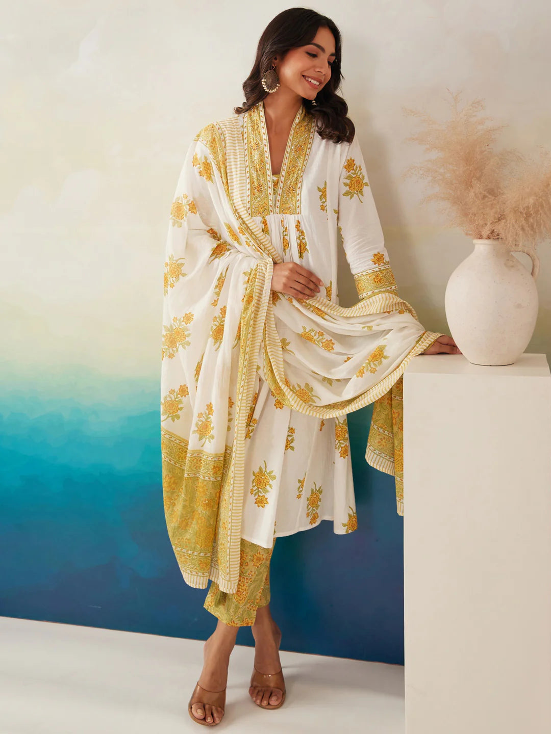 White and yellow floral printed kurta set