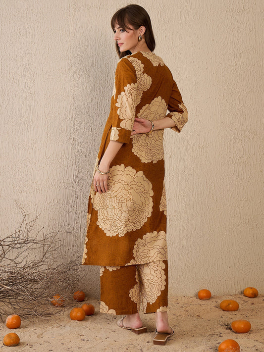 Mustard-brown floral printed kurta set