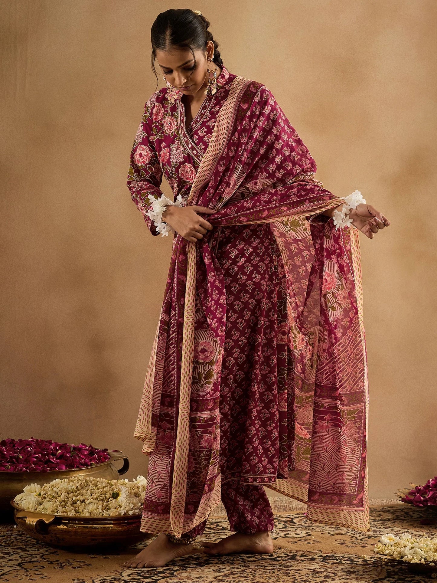 Maroon Floral Printed Cotton Suit Set with Dupatta