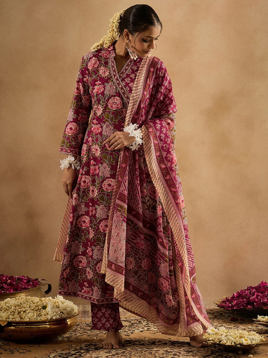 Maroon Floral Printed Cotton Suit Set with Dupatta