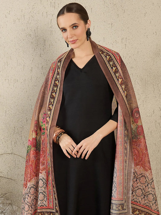 Classic Black Solid Kurta Set with Printed Shawl