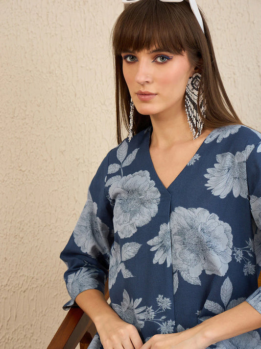Blue floral printed kurta set