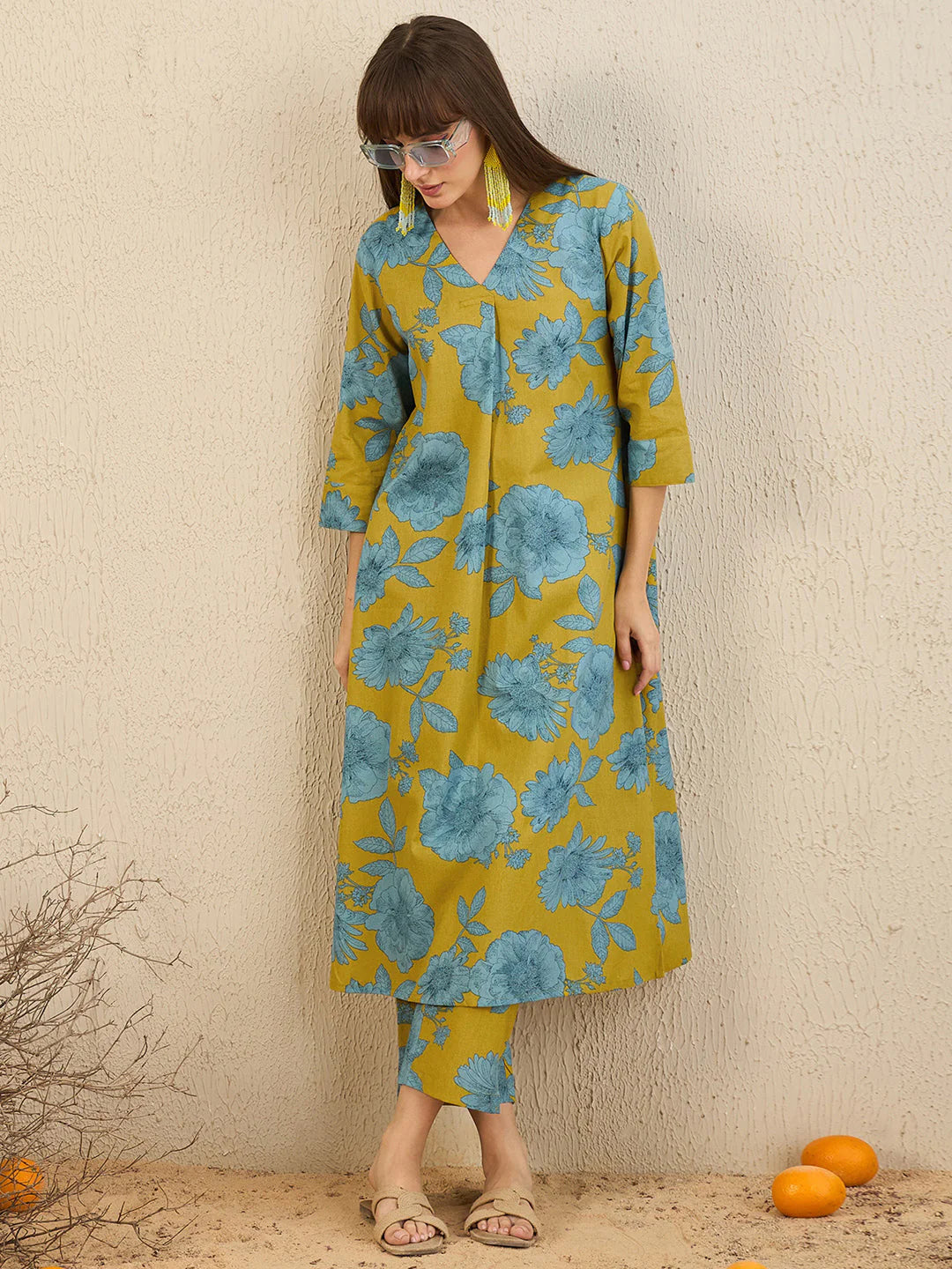 Mustard Yellow & Blue Floral Printed Cotton Kurta Set