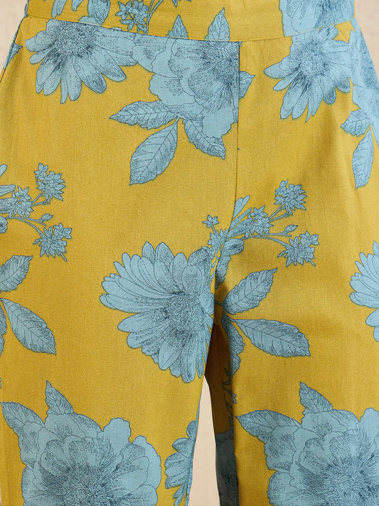 Mustard Yellow & Blue Floral Printed Cotton Kurta Set