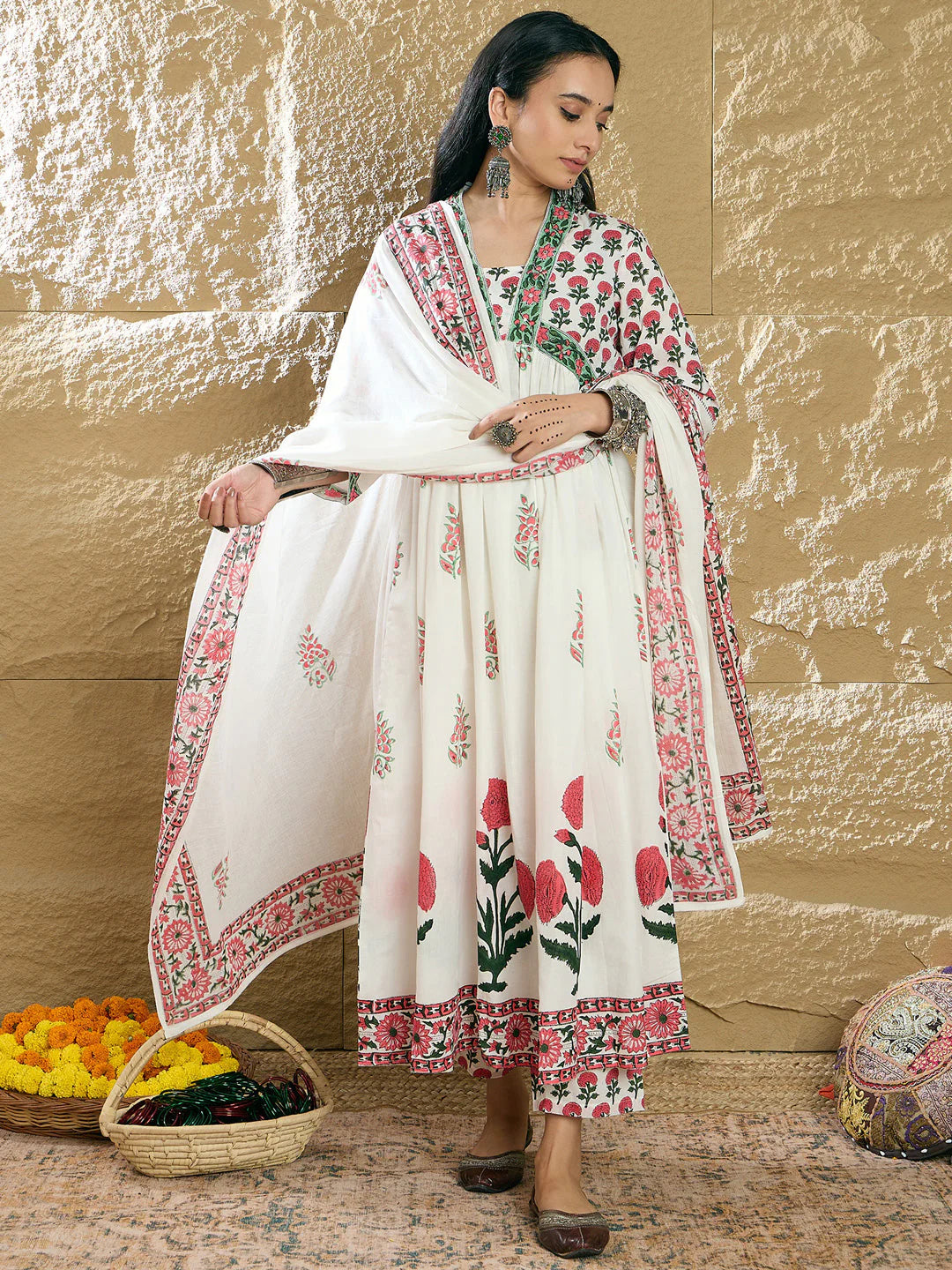 Lvory & Red Handblock Printed Anarkali Cotton Suit Set