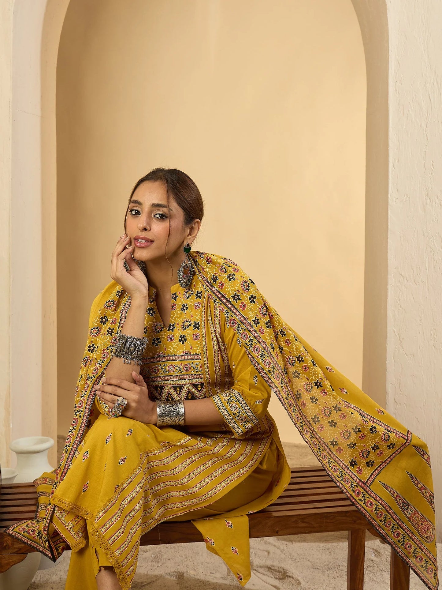 Vibrant Mustard Yellow Hand Block Printed Cotton Kurta Set with Dupatta