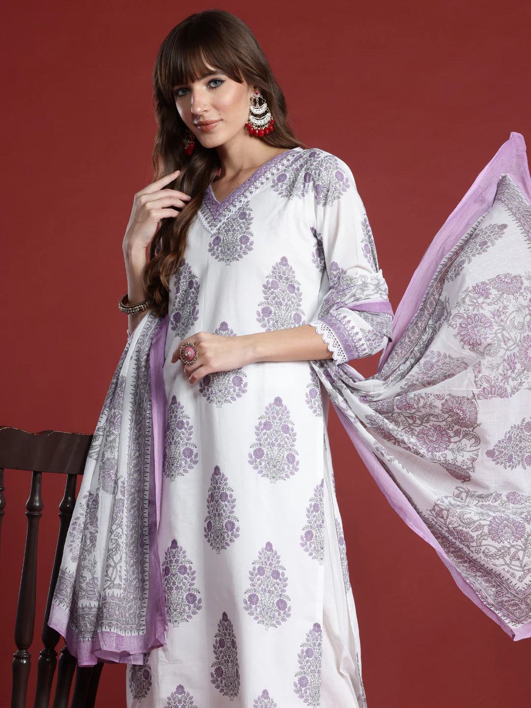 Lavender Printed Cotton Kurta Set with Dupatta