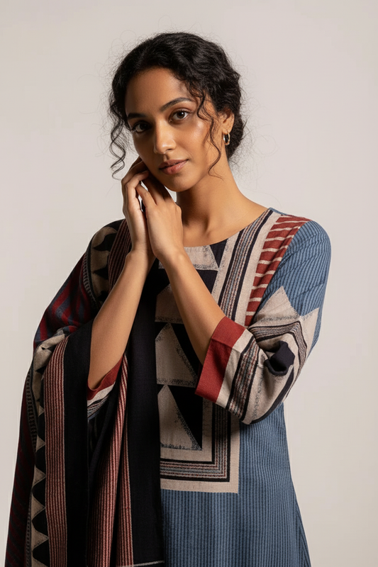 Indigo & Maroon Geometric Print Cotton Kurta With Dupatta