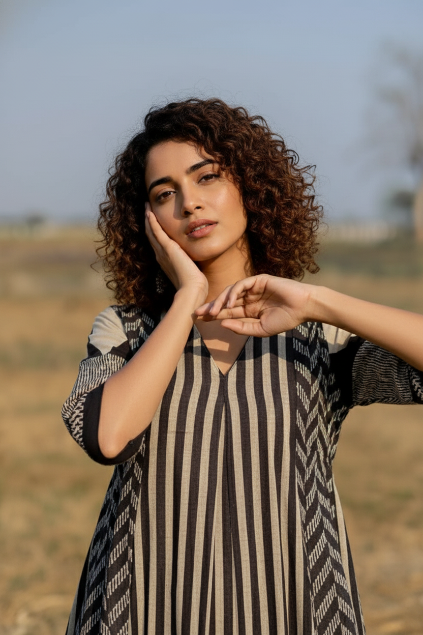 Beige & Black Striped Print Cotton A-Line Kurta