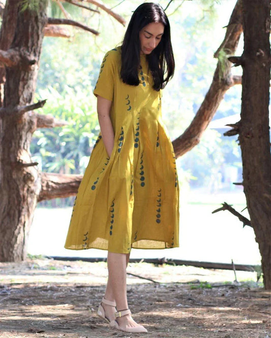 Mustard Yellow Printed A-Line Dress