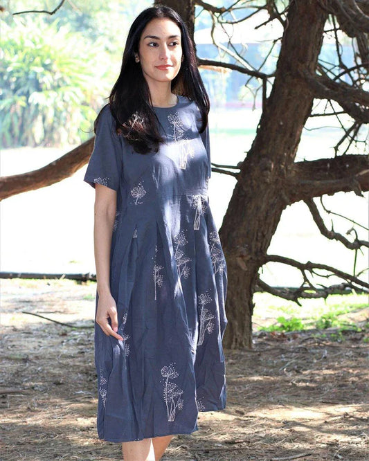 Slate Blue Botanical Print Pleated Dress