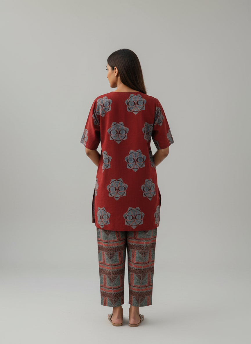 Printed Red Tunic & Pant Co-ord Set