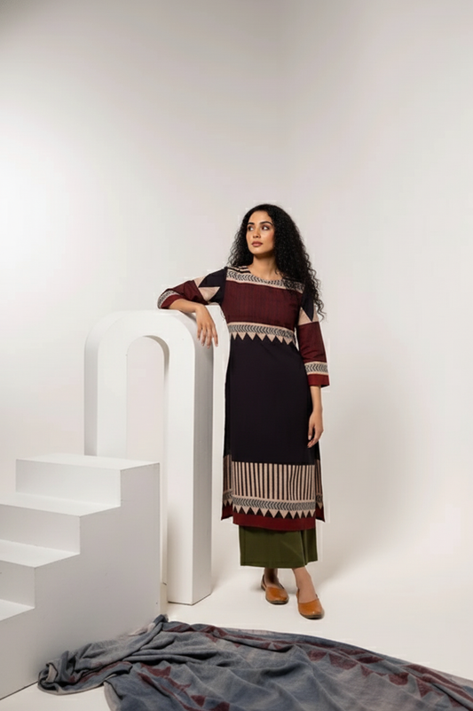 Maroon & Black Print Cotton Long Kurta