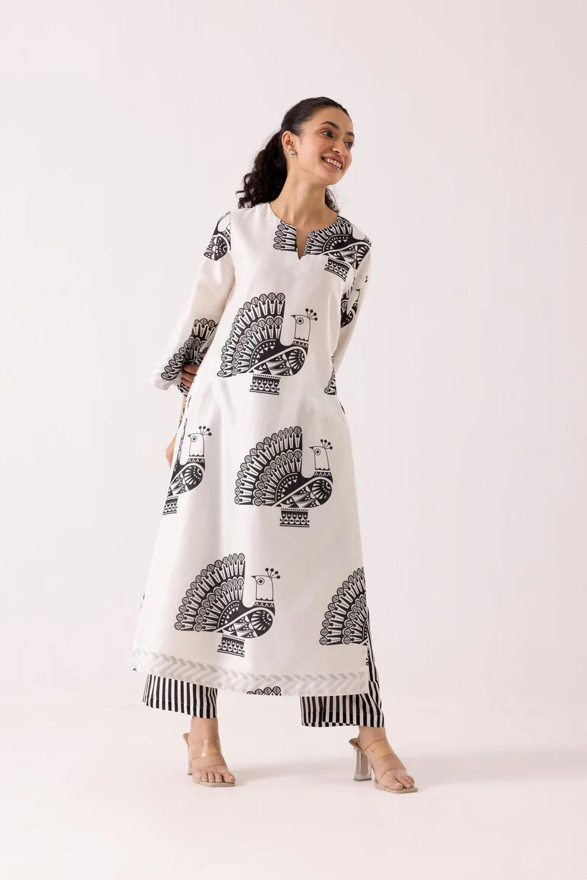 Monochrome Peacock Print Kurta Set with Striped Pants
