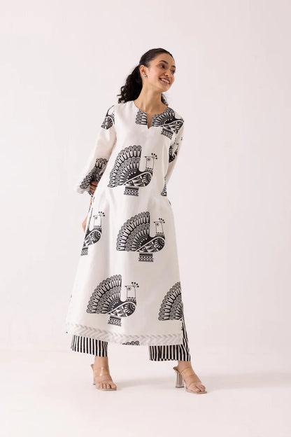 Monochrome Peacock Print Kurta Set with Striped Pants
