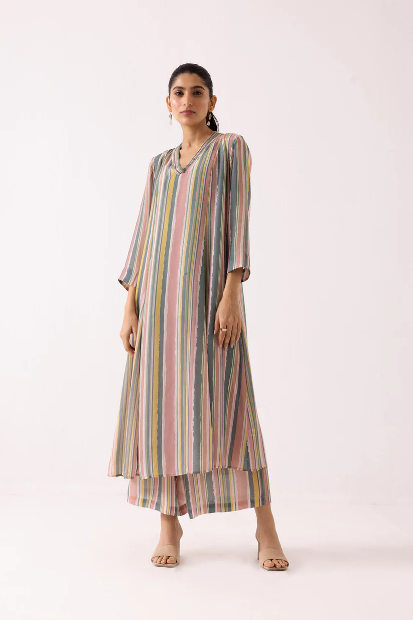 Multicolor Stripe Flared Kurta Set with Straight Pants