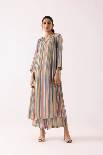 Multicolor Stripe Flared Kurta Set with Straight Pants