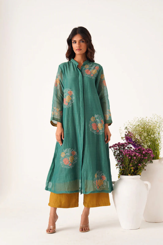 Teal Floral Handloom Style Kurta Set
