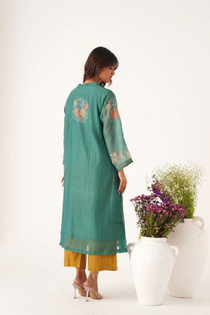 Teal Floral Handloom Style Kurta Set