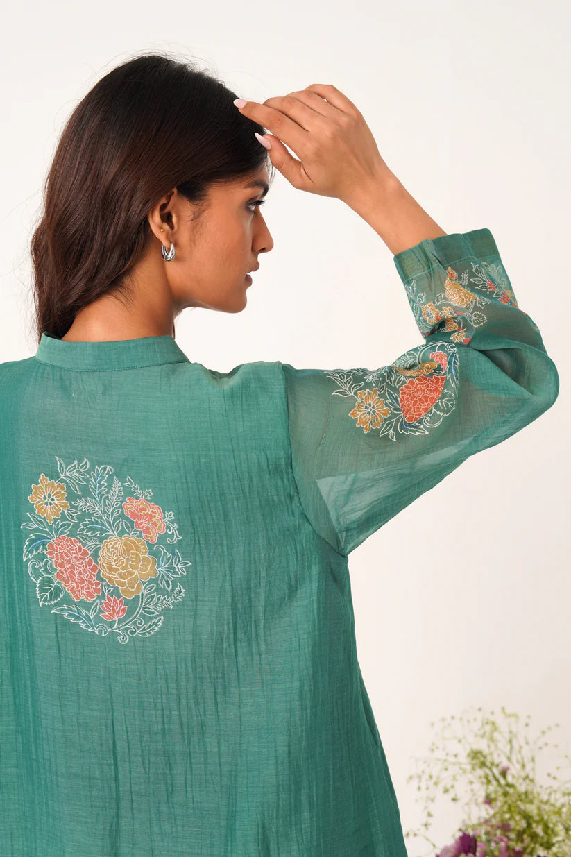 Teal Floral Handloom Style Kurta Set