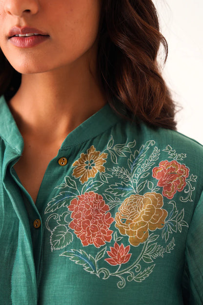 Teal Floral Handloom Style Kurta Set