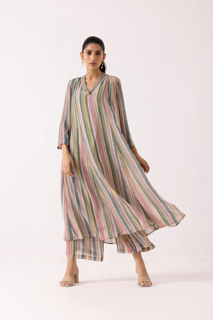 Multicolor Stripe Flared Kurta Set with Straight Pants