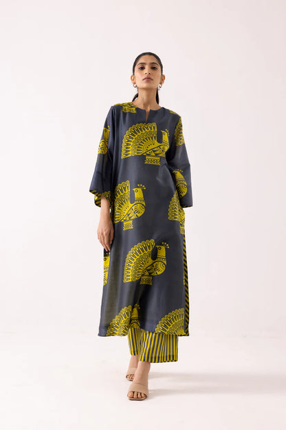 Peacock Motif Printed Kurta Set with Striped Pants