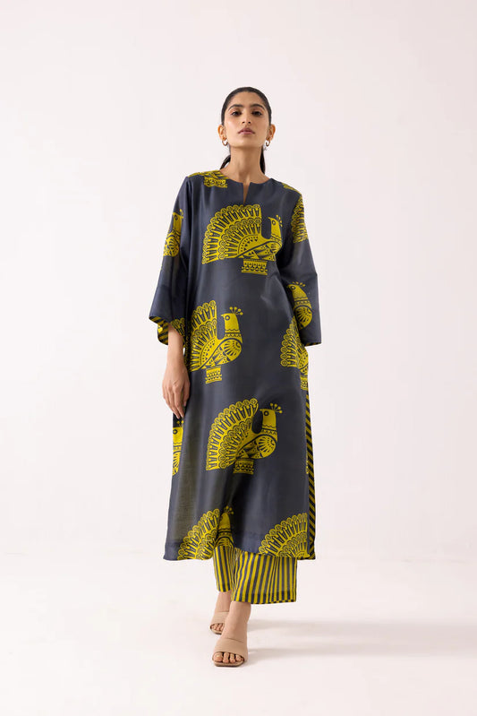 Peacock Motif Printed Kurta Set with Striped Pants