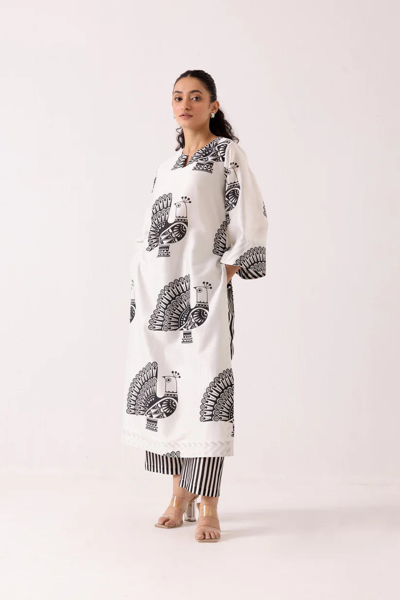 Monochrome Peacock Print Kurta Set with Striped Pants