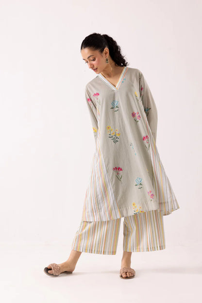 Floral Stripe Kurta Set with Straight Pants