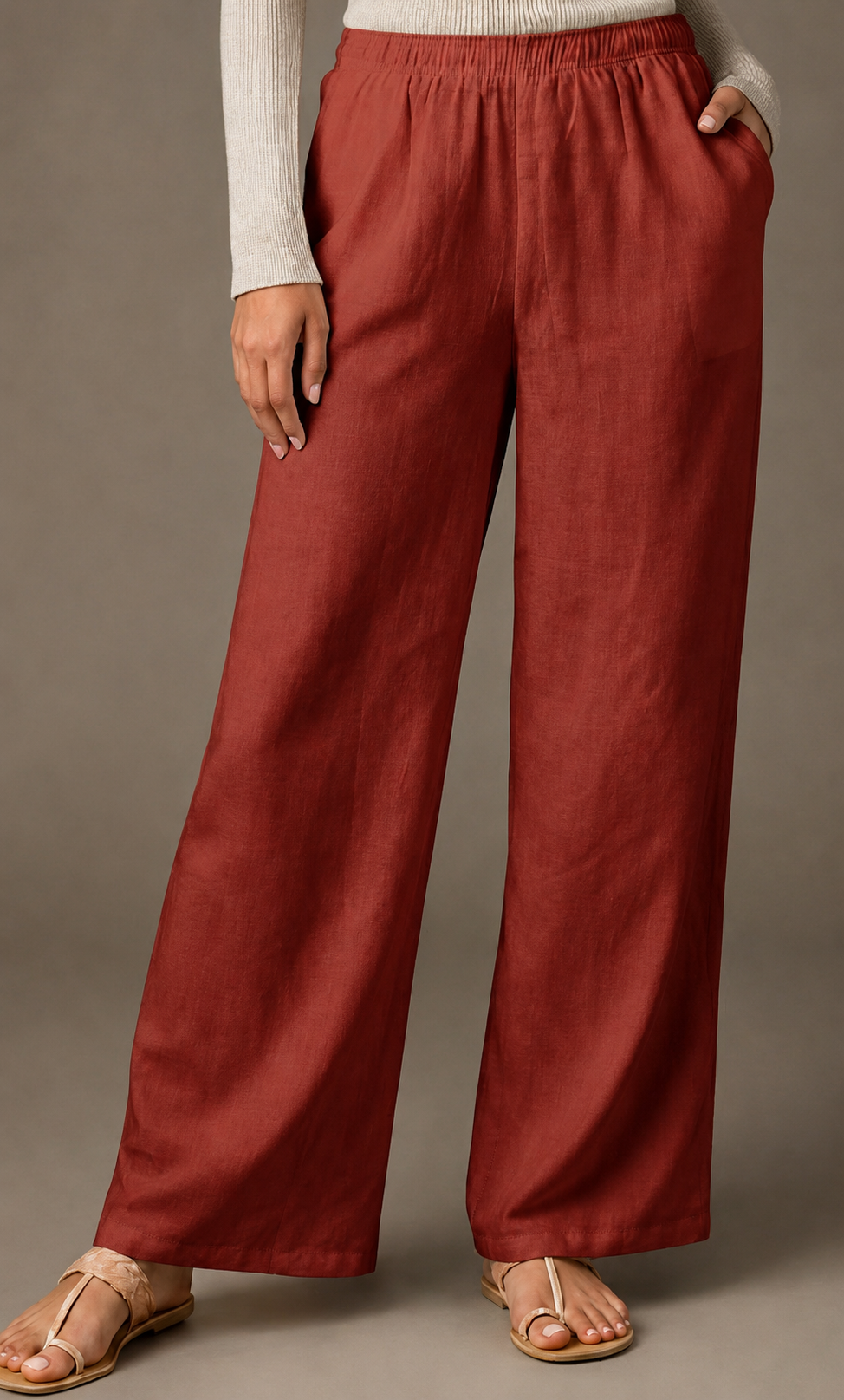 Women's Solid Brick Red Wide-Leg Pants
