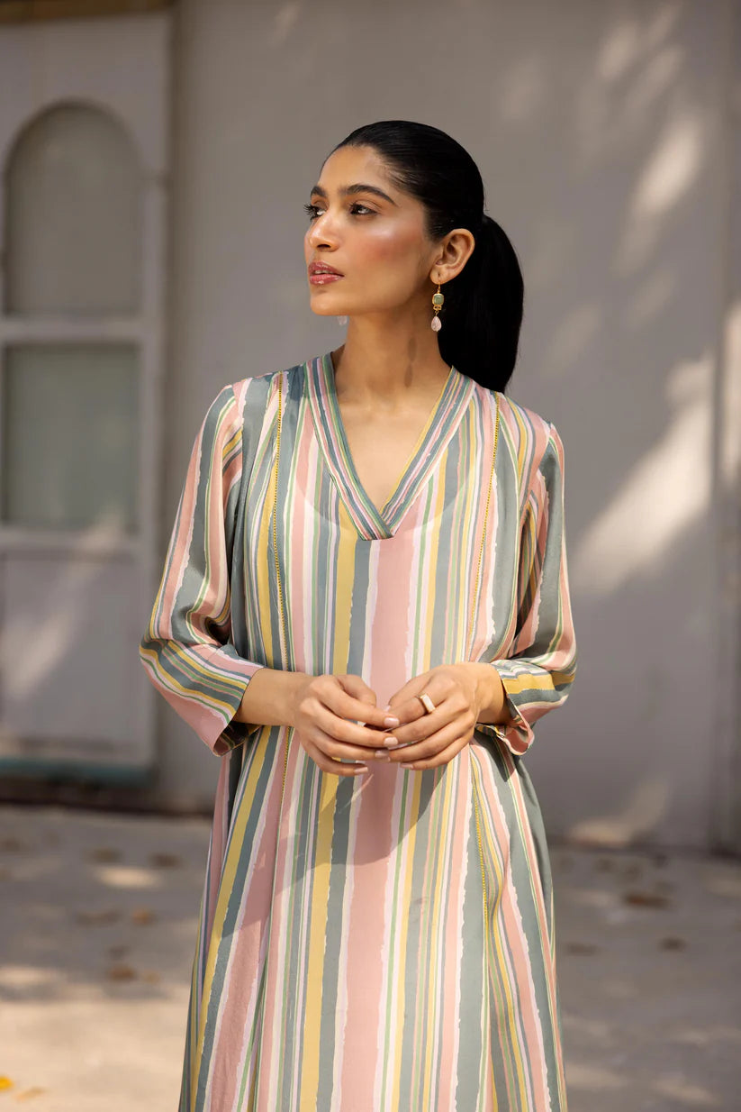 Multicolor Stripe Flared Kurta Set with Straight Pants