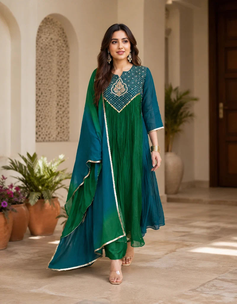 Emerald Teal Zari Embroidered Anarkali Kurta Set Product Details