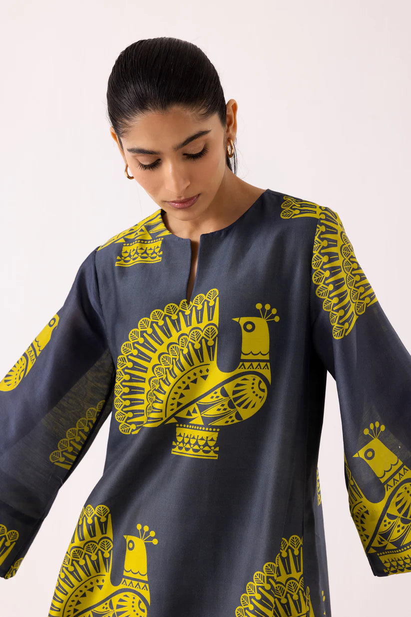 Peacock Motif Printed Kurta Set with Striped Pants