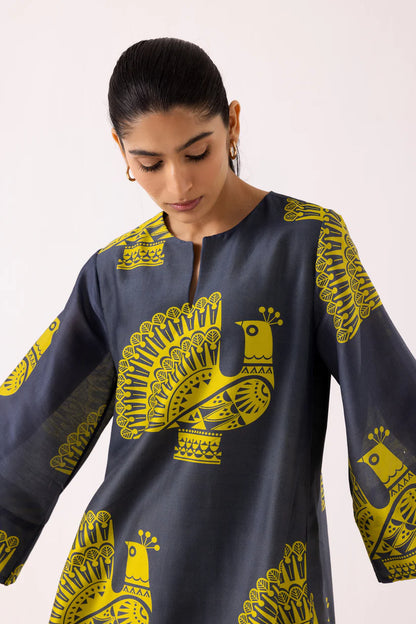 Peacock Motif Printed Kurta Set with Striped Pants