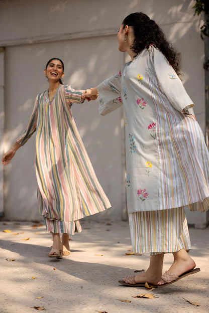 Multicolor Stripe Flared Kurta Set with Straight Pants