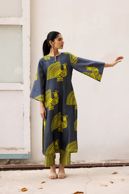 Peacock Motif Printed Kurta Set with Striped Pants