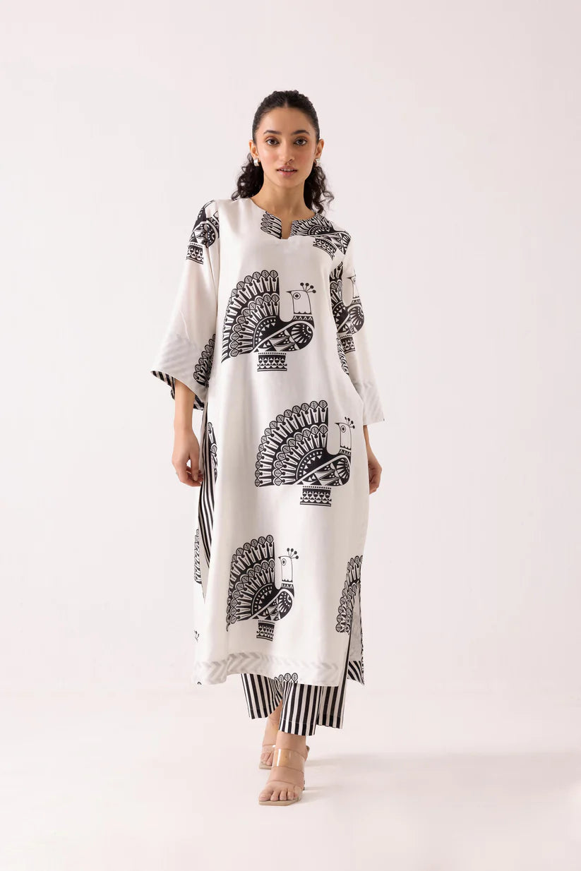 Monochrome Peacock Print Kurta Set with Striped Pants