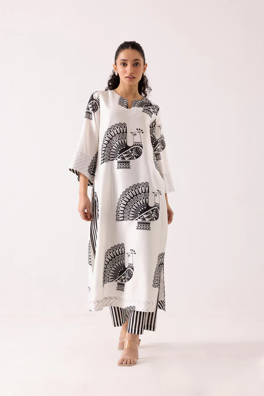 Monochrome Peacock Print Kurta Set with Striped Pants