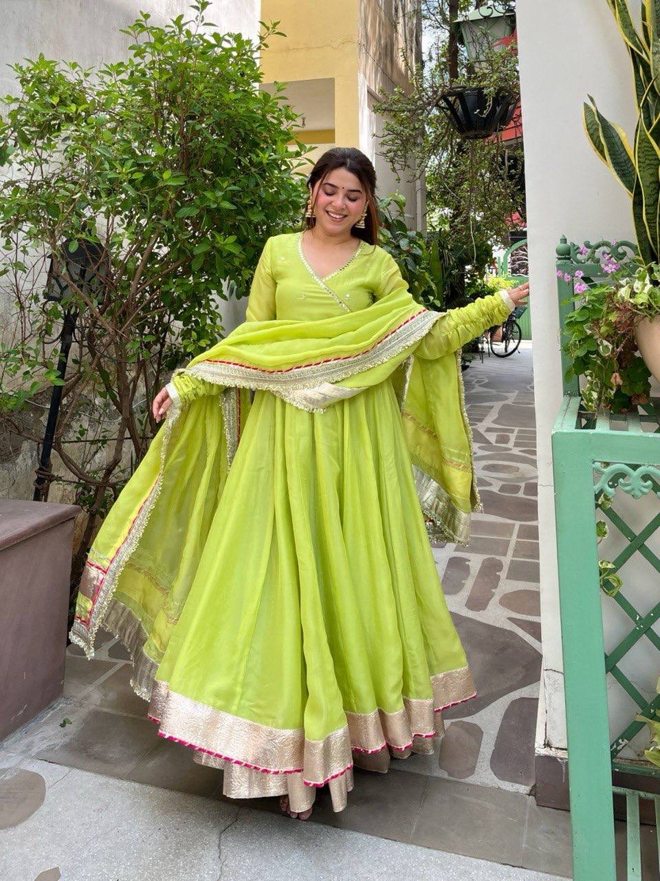 Lime Green Gota Patti Anarkali Kurta Set