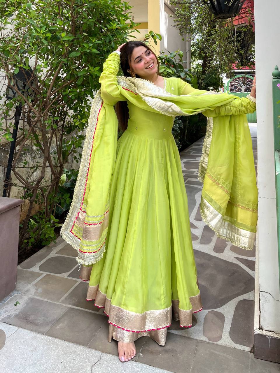 Lime Green Gota Patti Anarkali Kurta Set