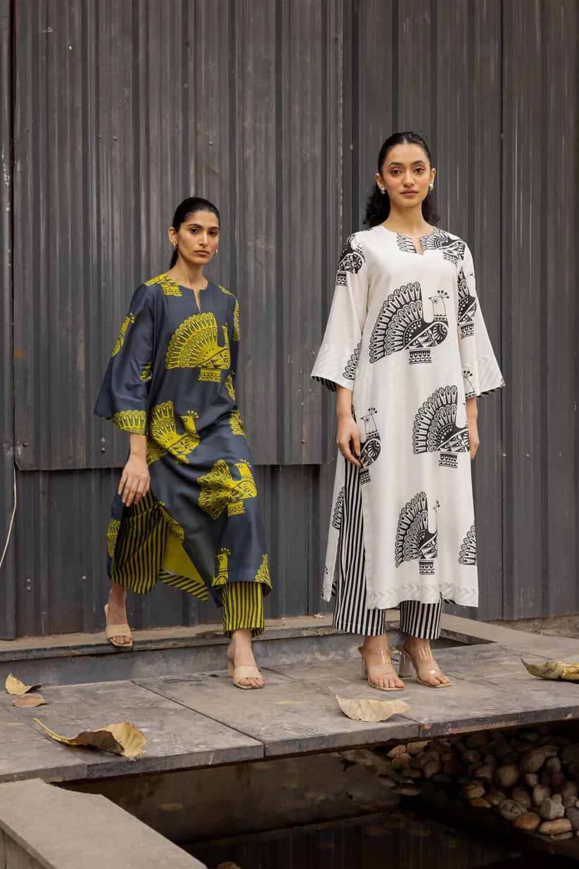 Peacock Motif Printed Kurta Set with Striped Pants