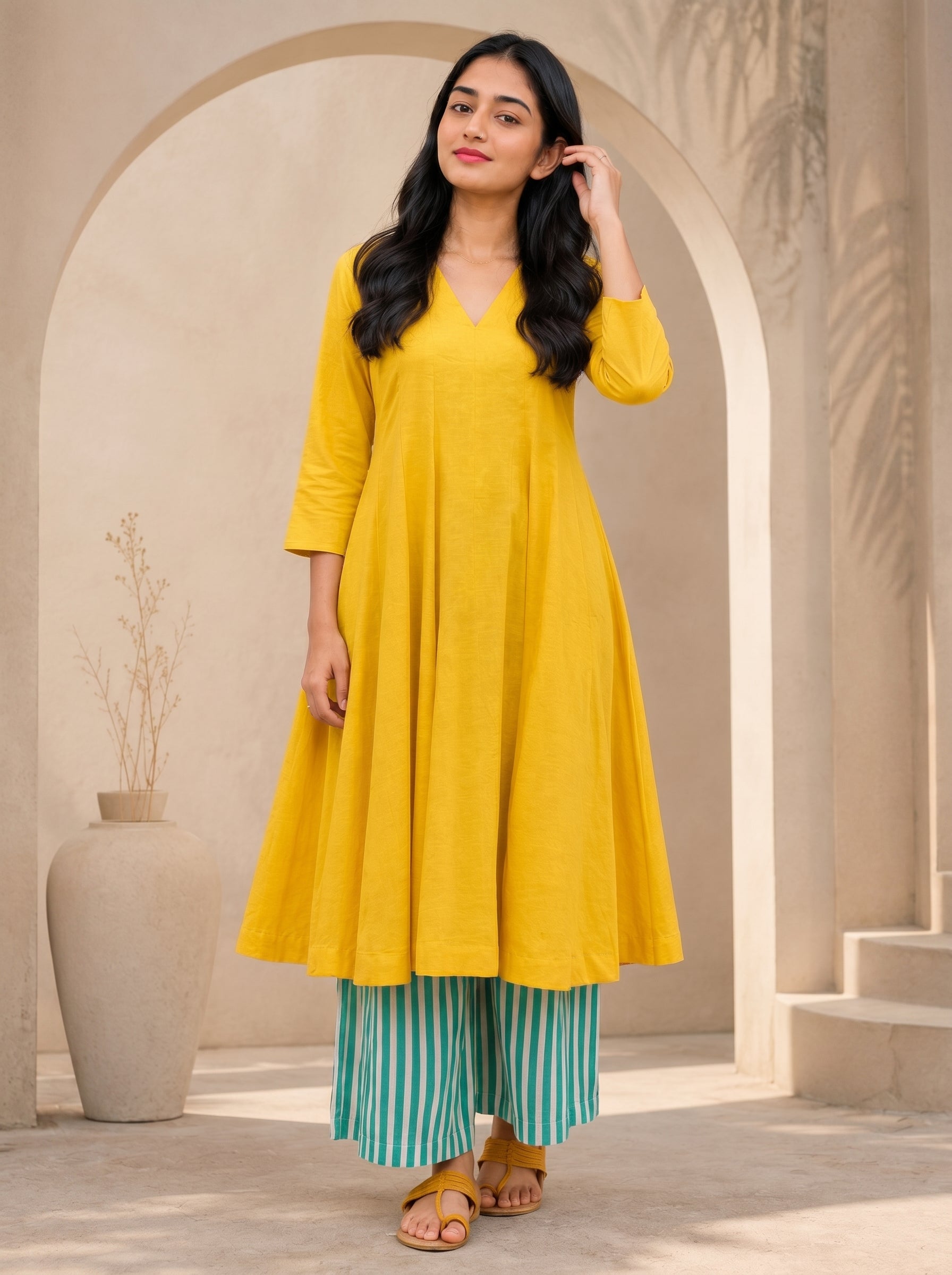 this mustard yellow A-line kurta set