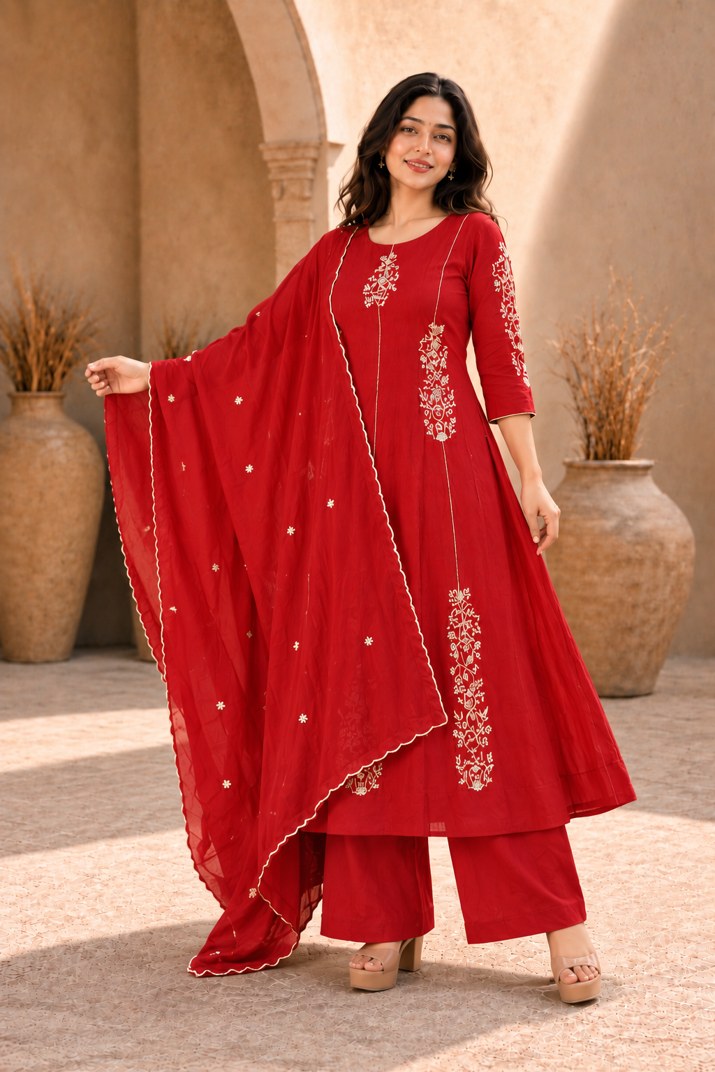 Red Embroidered Anarkali Kurta Set with Dupatta
