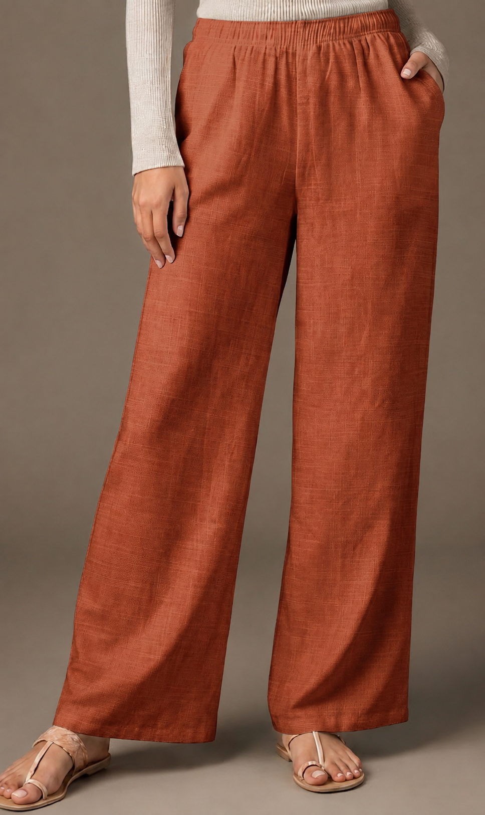 Women's Solid Rust Orange Wide-Leg Pants