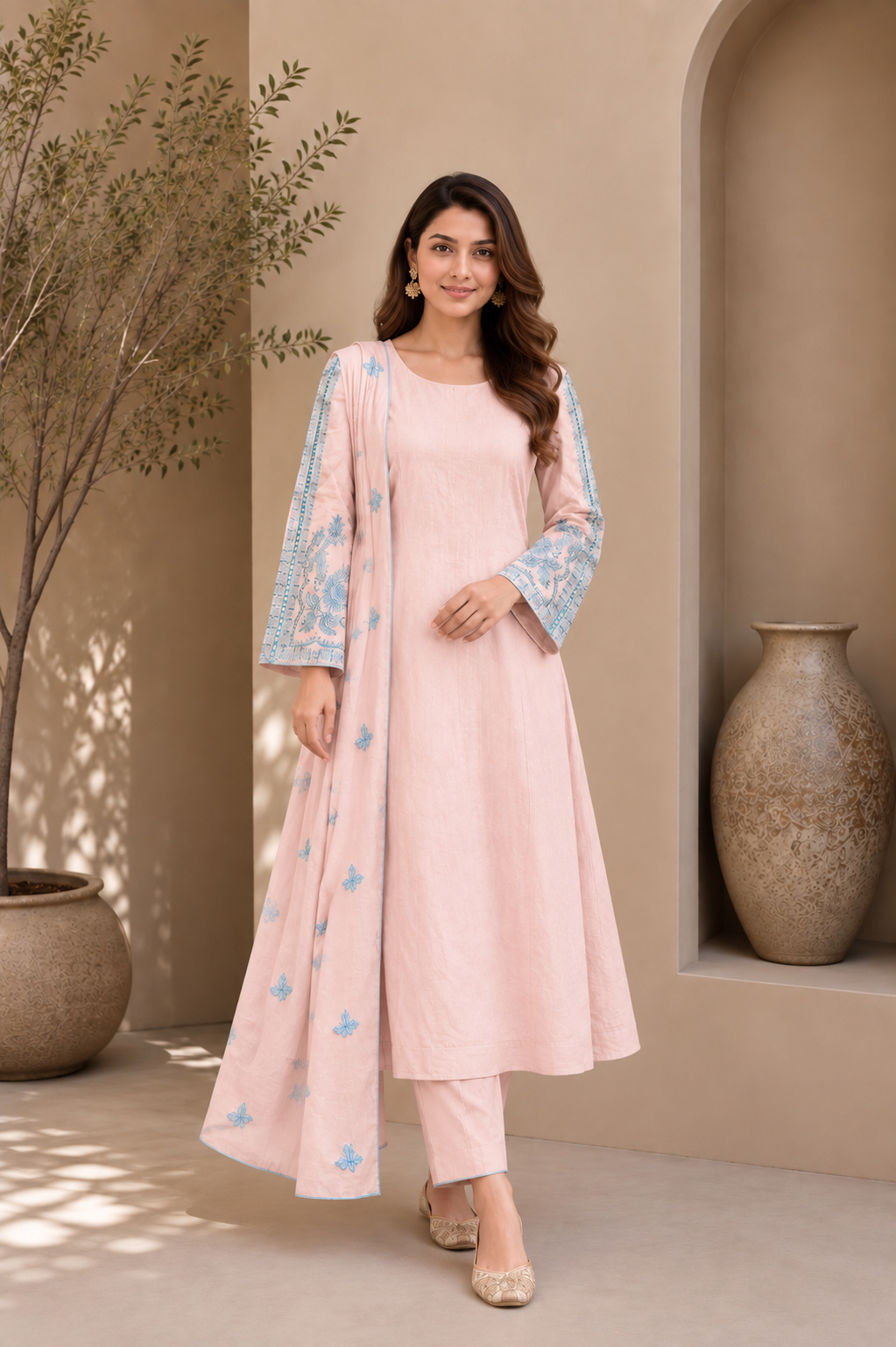 Baby Pink & Sky Blue Embroidered Kurta Set