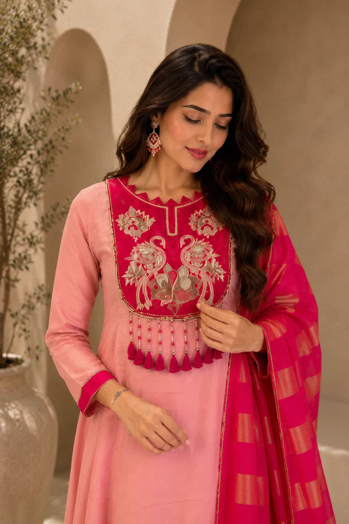 Gulnaar Rose Pink Embroidered Kurta Set